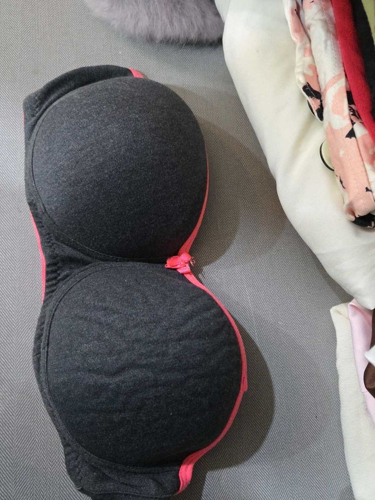 Strapless Dark Grey Bra with Pink Trim