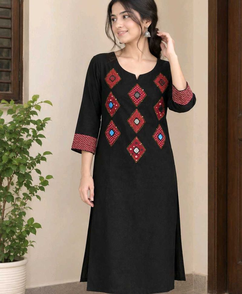 Stylish Black Kurta with Embellished Neckline