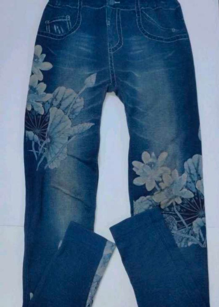 Floral Print Blue Denim Printed Pants