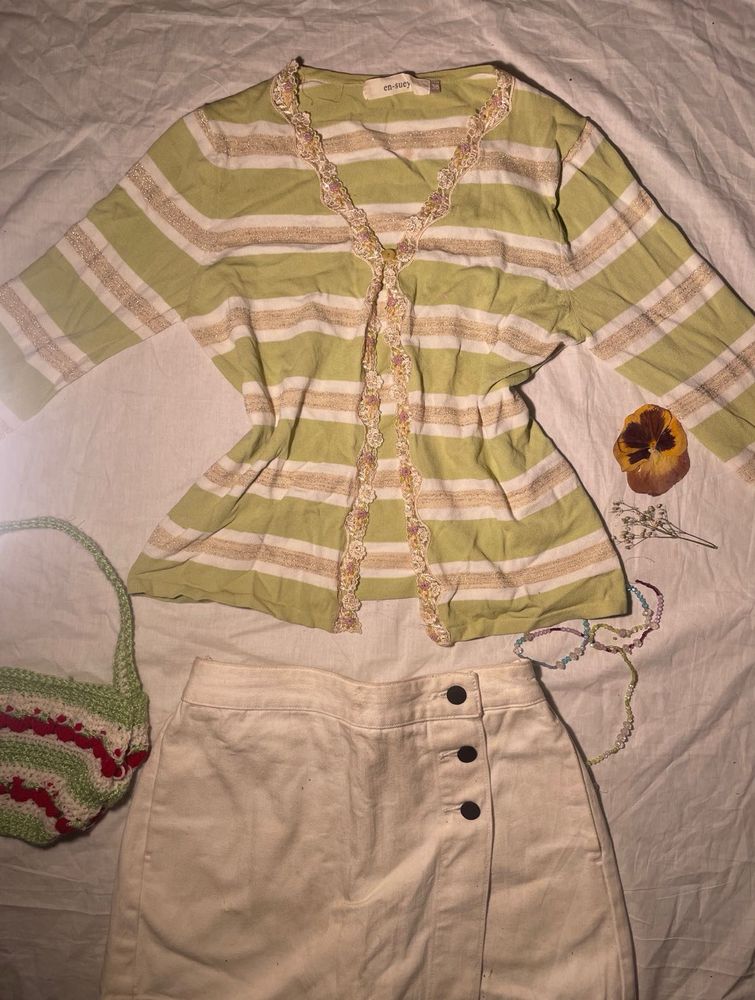 Striped V-Neck Cardigan with Lace Trim