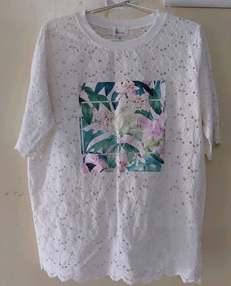 White Lace Floral Print Top