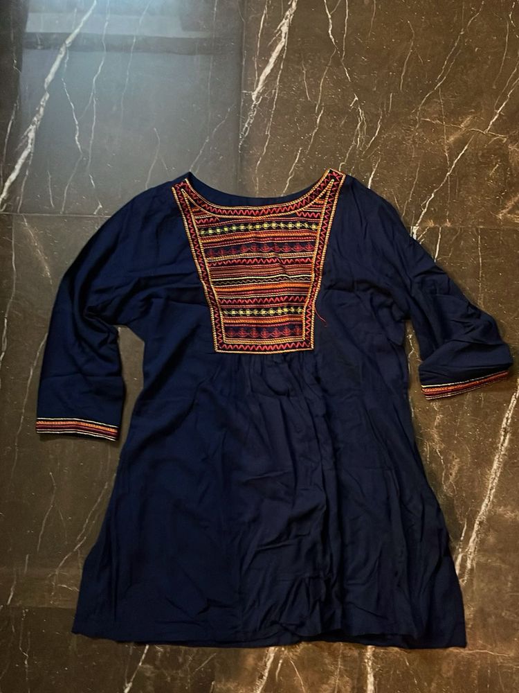 Navy Blue Embroidered Short Kurta