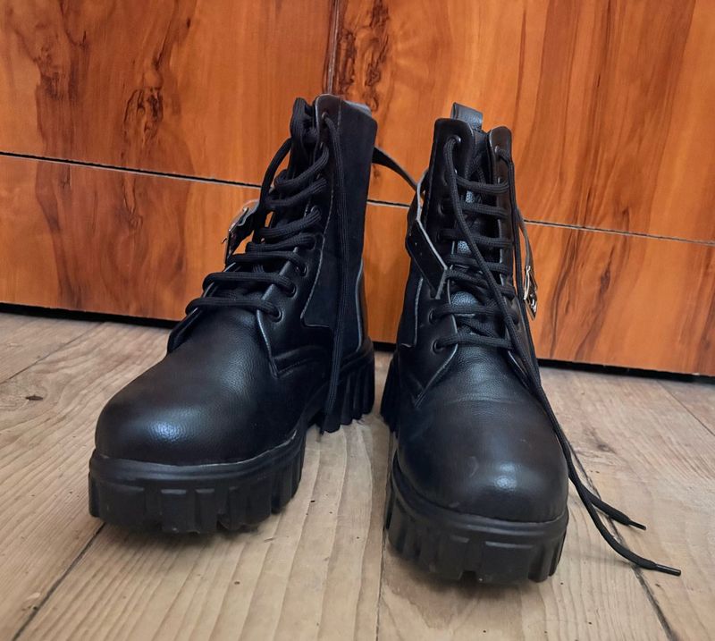 Black Chunky Sole Lace-Up Boots