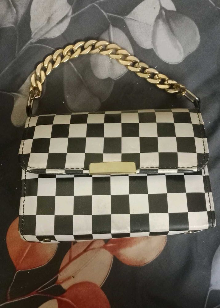 Checkered Clutch with Gold Chain