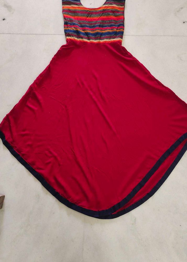 Red Flared Dress with Striped Yoke