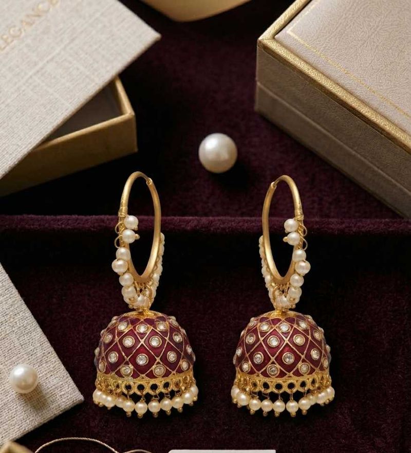 Exquisite Pearl &amp; Maroon Jhumka Earrings