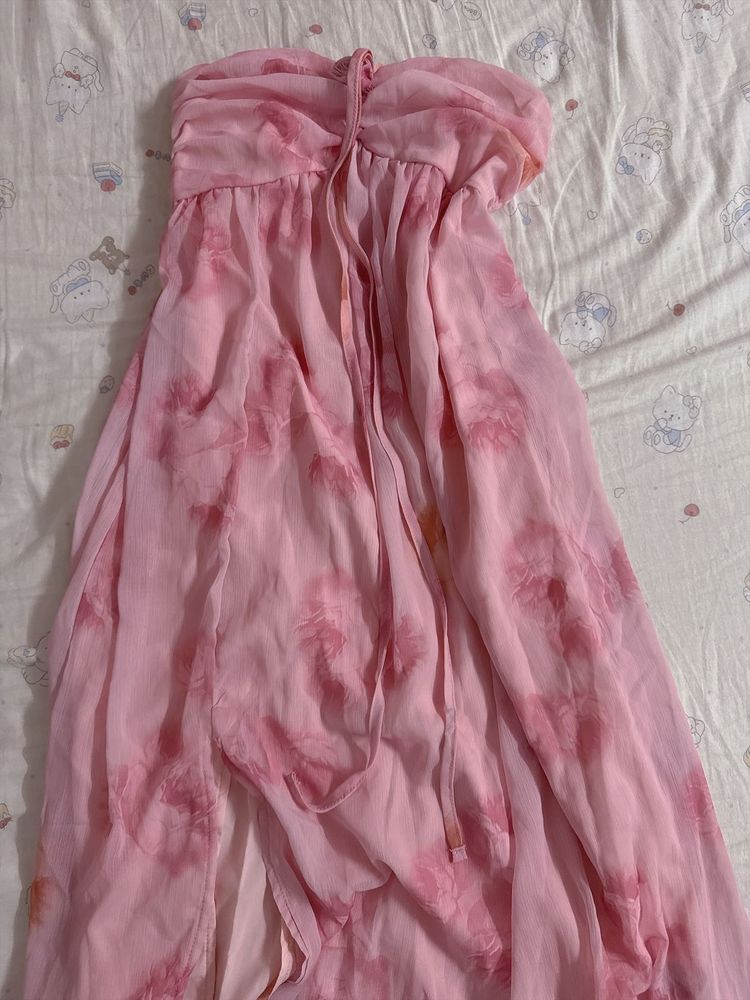 Flowy Pink Floral Strapless Maxi Dress
