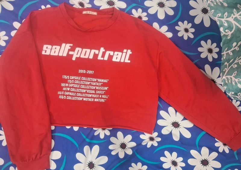 Red "Self-Portrait" Cropped Sweatshirt