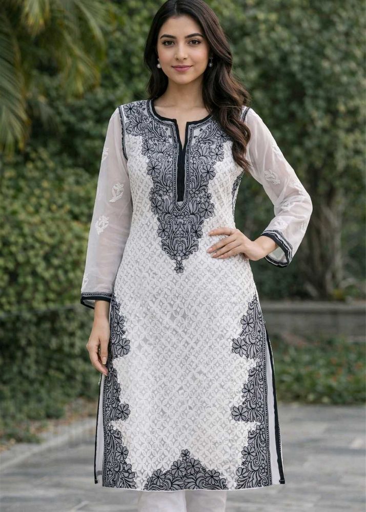 Black &amp; White Embroidered Chikankari Kurti