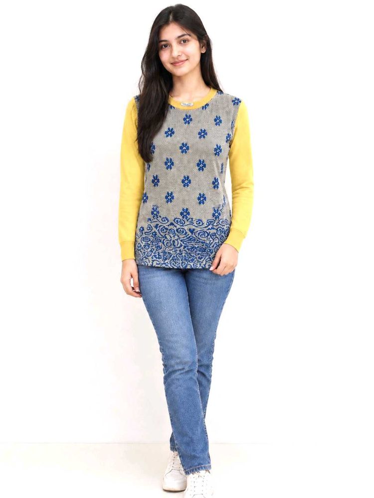 Stylish Yellow &amp; Grey Floral woolTop(jarsi)