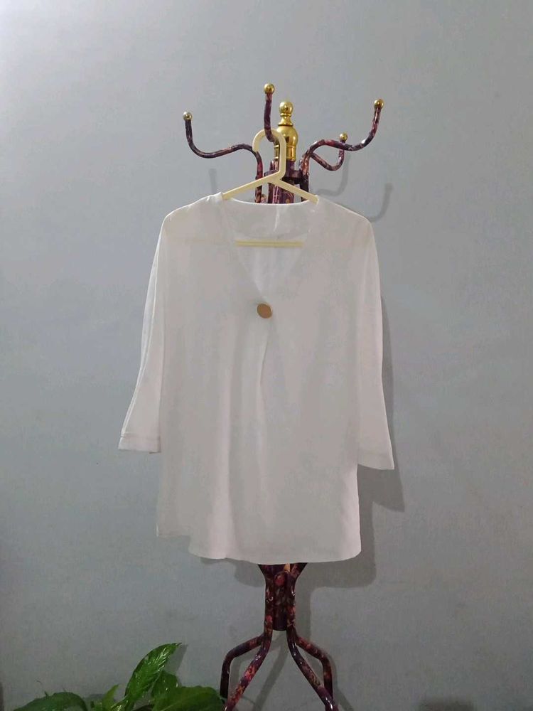 Classic White Button Neck Tunic Top