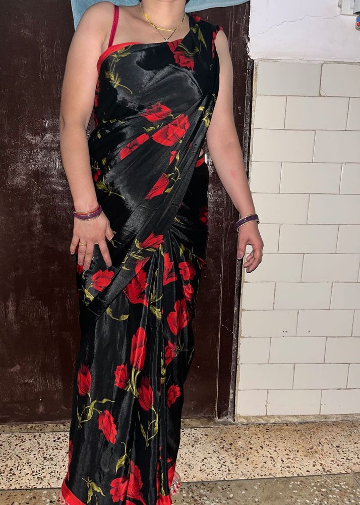 Elegant Black with Red Floral Print crepe saree