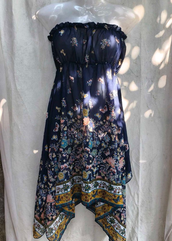 201110. Navy Floral Butterfly Strapless Dress