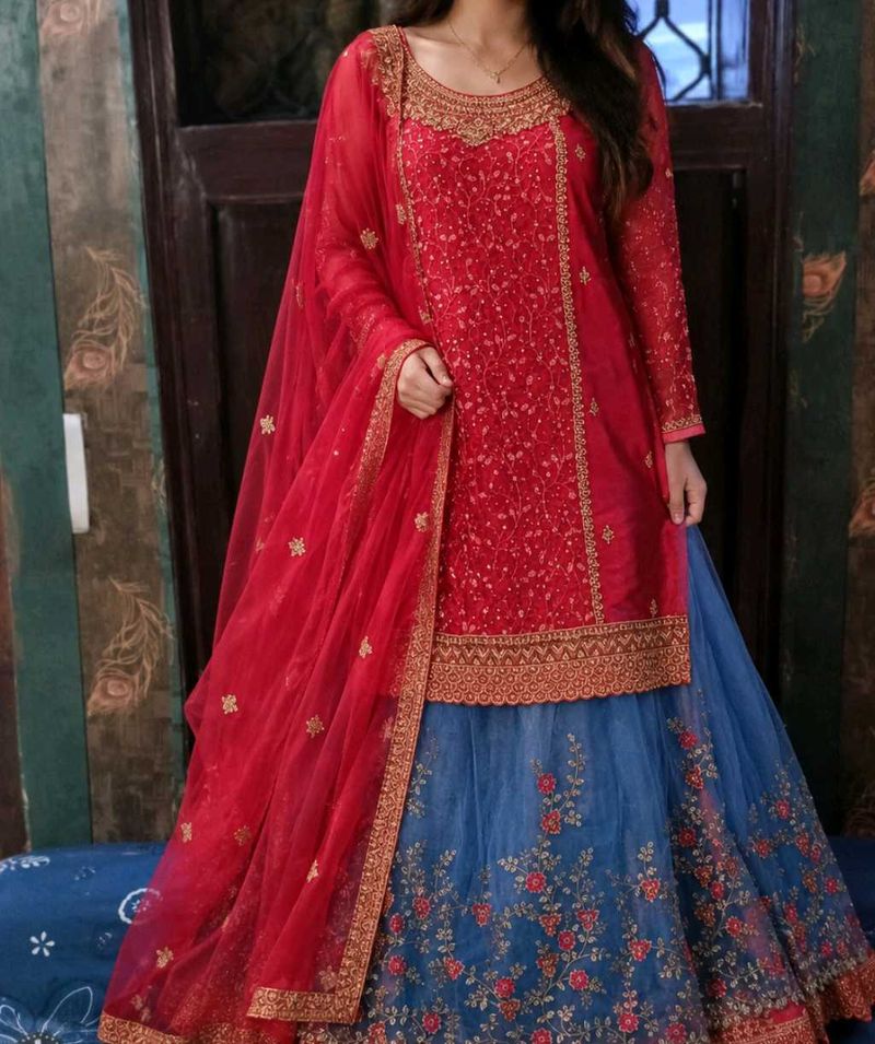 Stunning Red &amp; Blue Embroidered Lehenga Choli