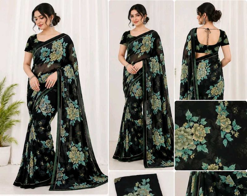 Elegant Black Floral Print Saree