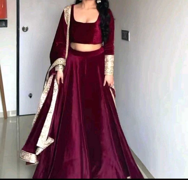 Maroon Velvet Lehenga Choli with Dupatta