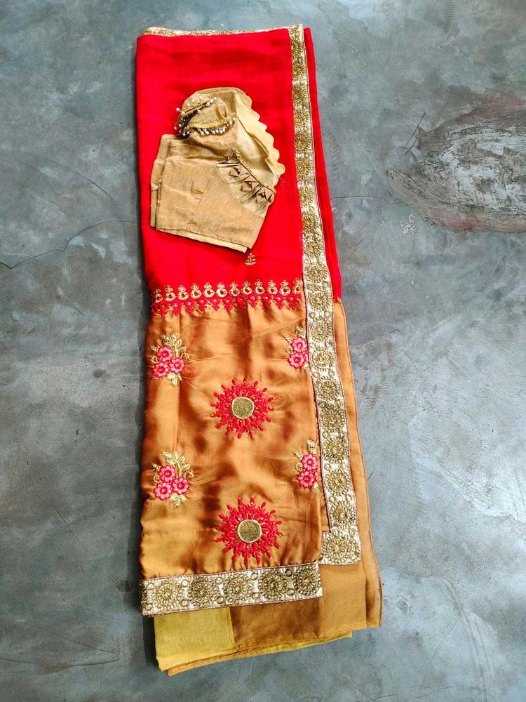 Red &amp; Gold Embroidered Saree with Blouse