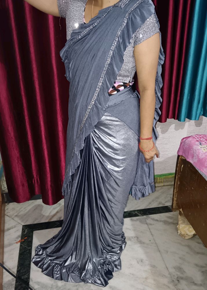 Silver And Grey Colour Ready To Wear Saree