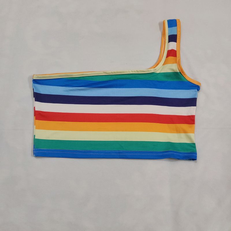 Rainbow Stripe One-Shoulder Crop Top