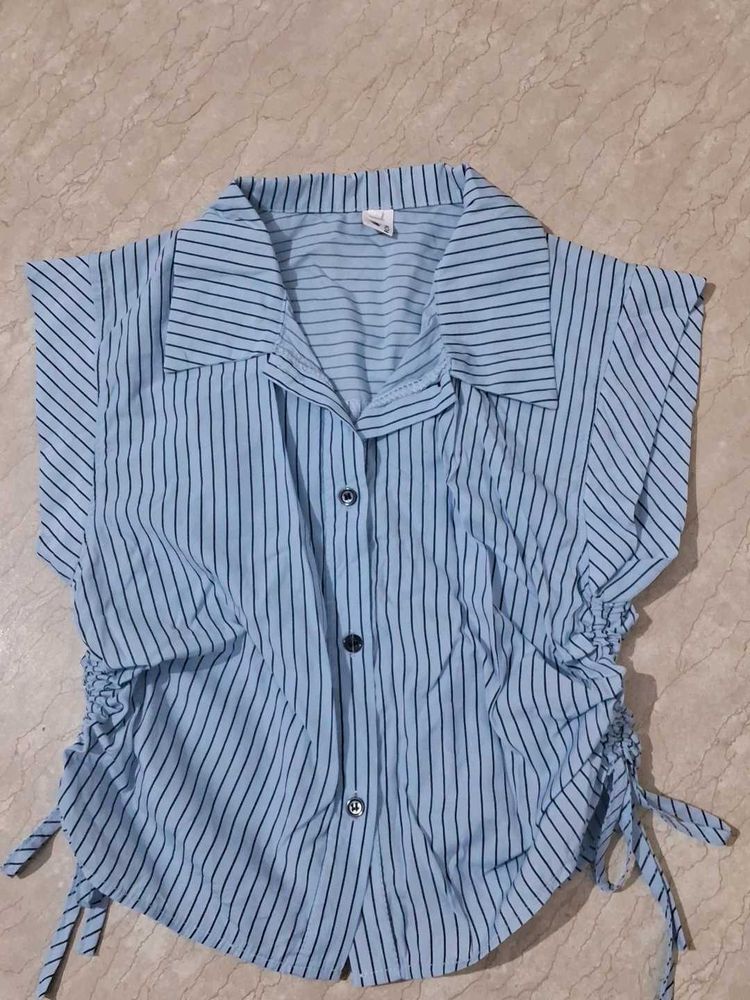 Blue Striped Ruched Button-Up Top