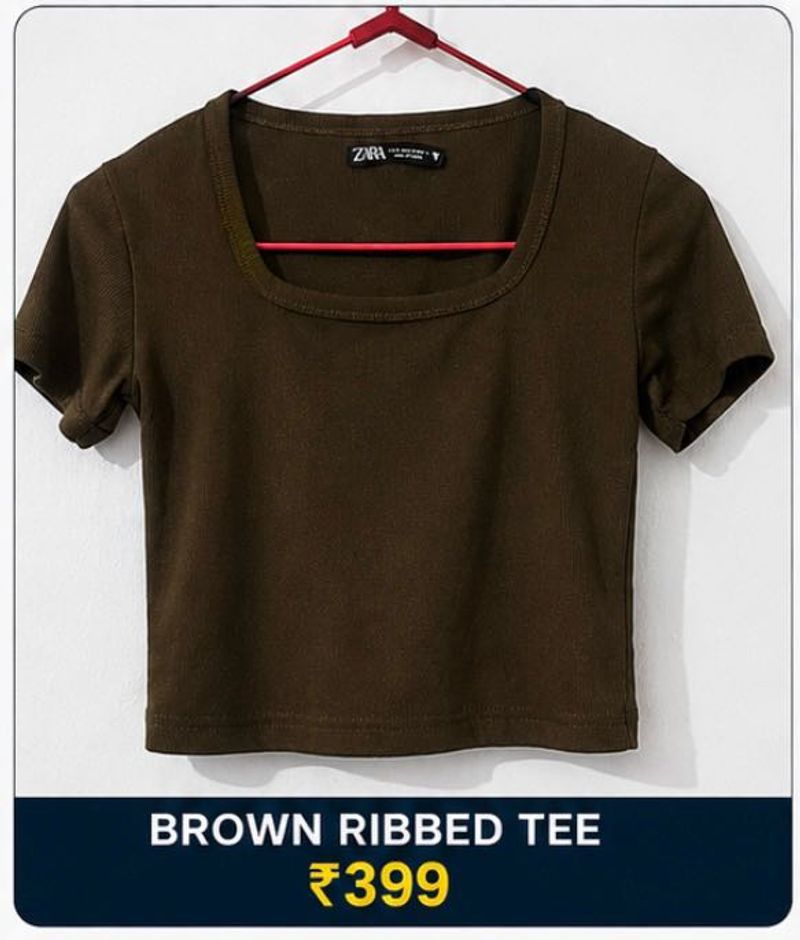 Zara Brown Ribbed Square Neck Tee
