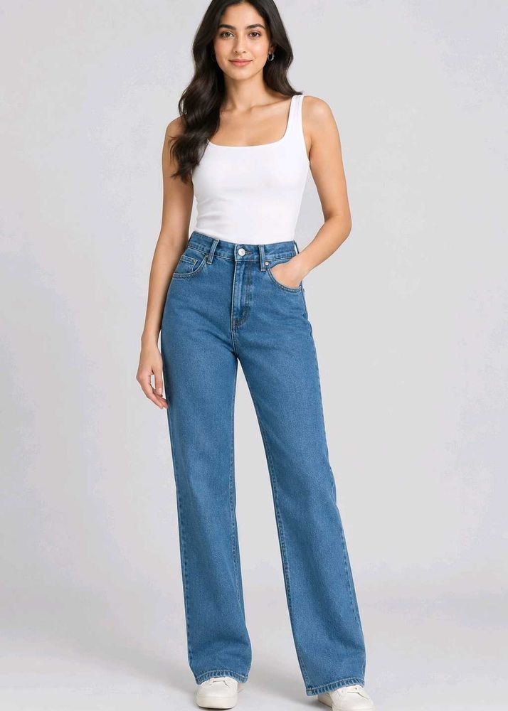 High Waisted Wide Leg Blue Jeans