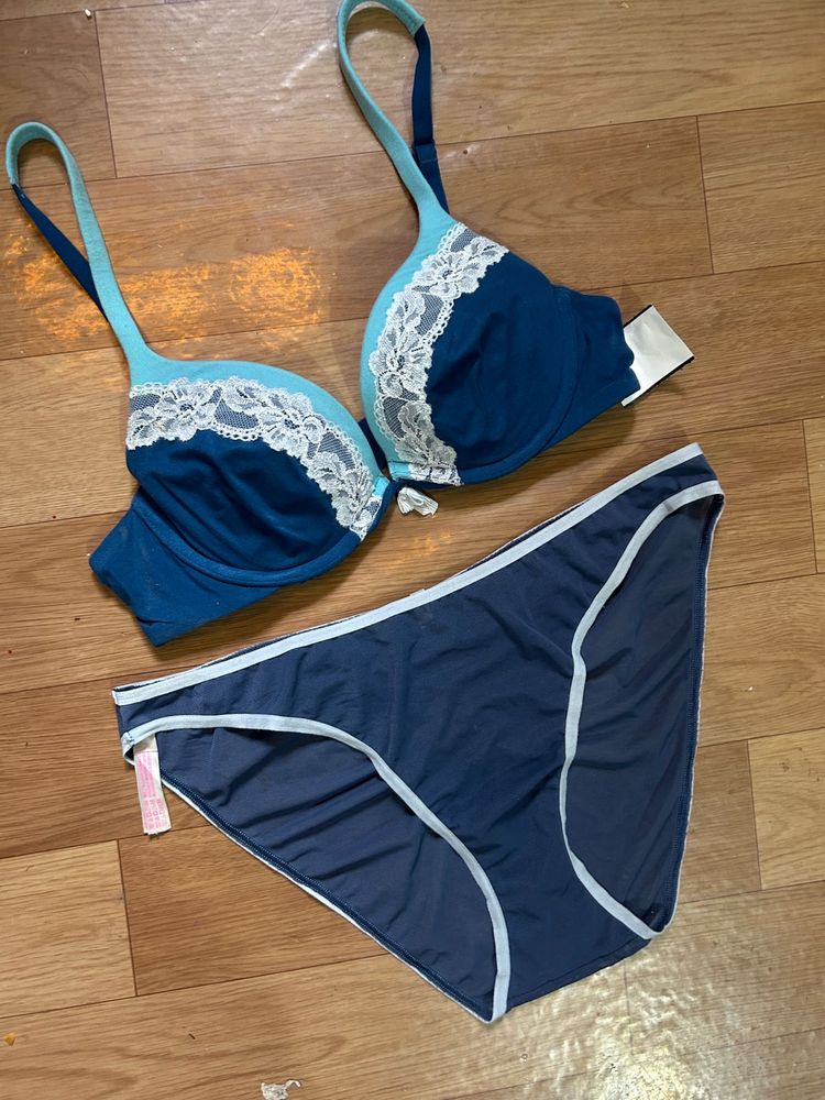 Blue Lace Trim Bra &amp; Panty Set