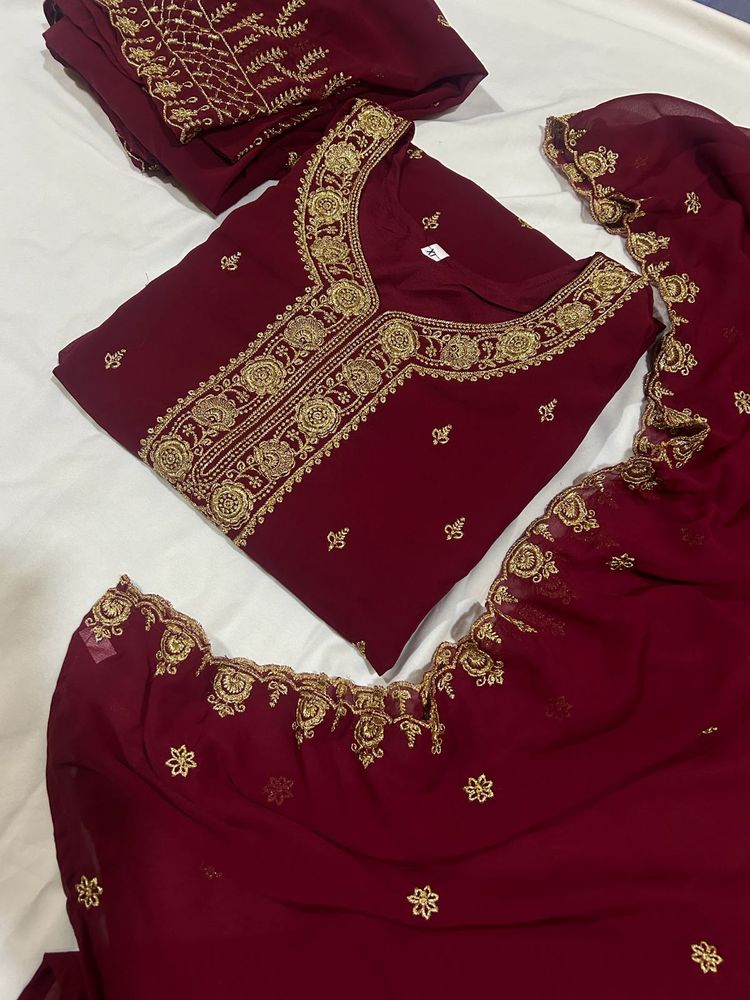 Elegant Maroon Embroidered Kurta sharara Set