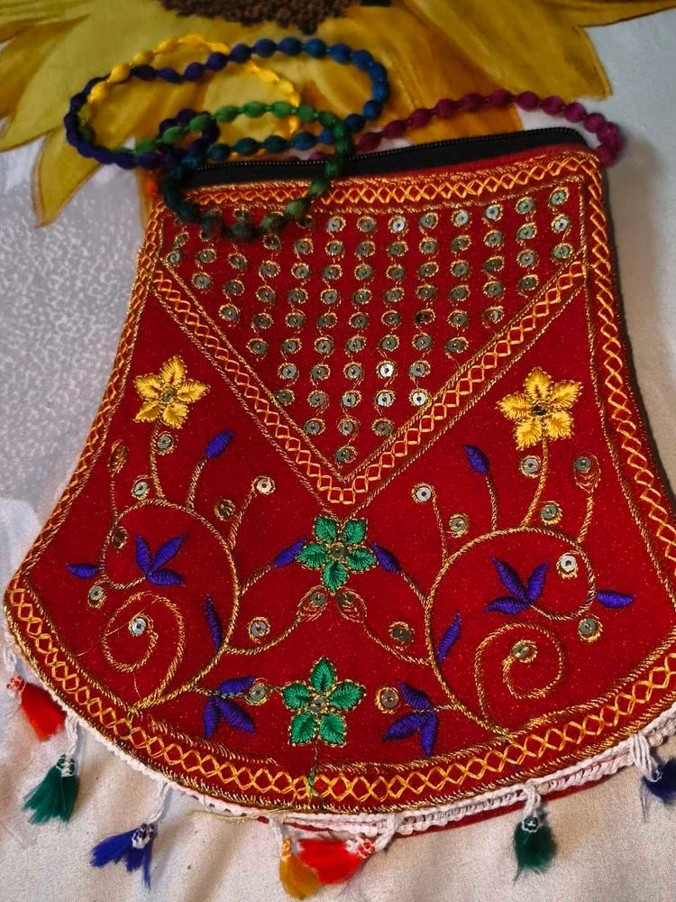 Embroidered Red Clutch Bag with Tassels