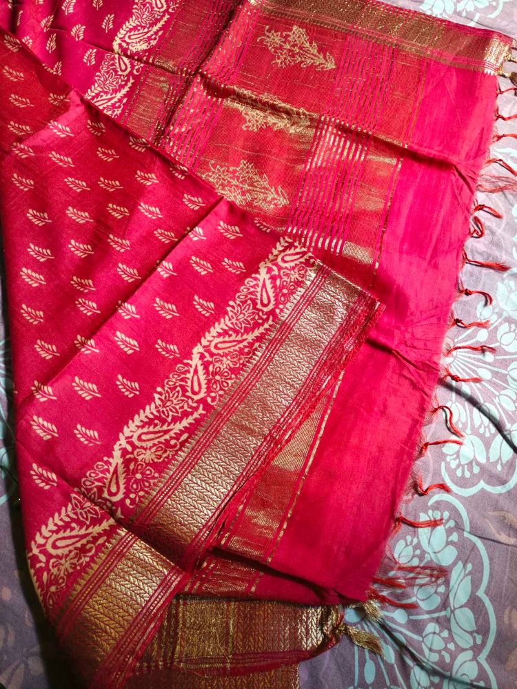 Vibrant Pink Silk Saree with Gold Border