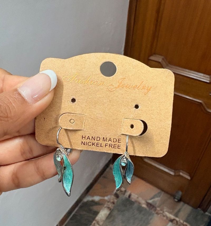 Handmade Teal Leaf Earrings