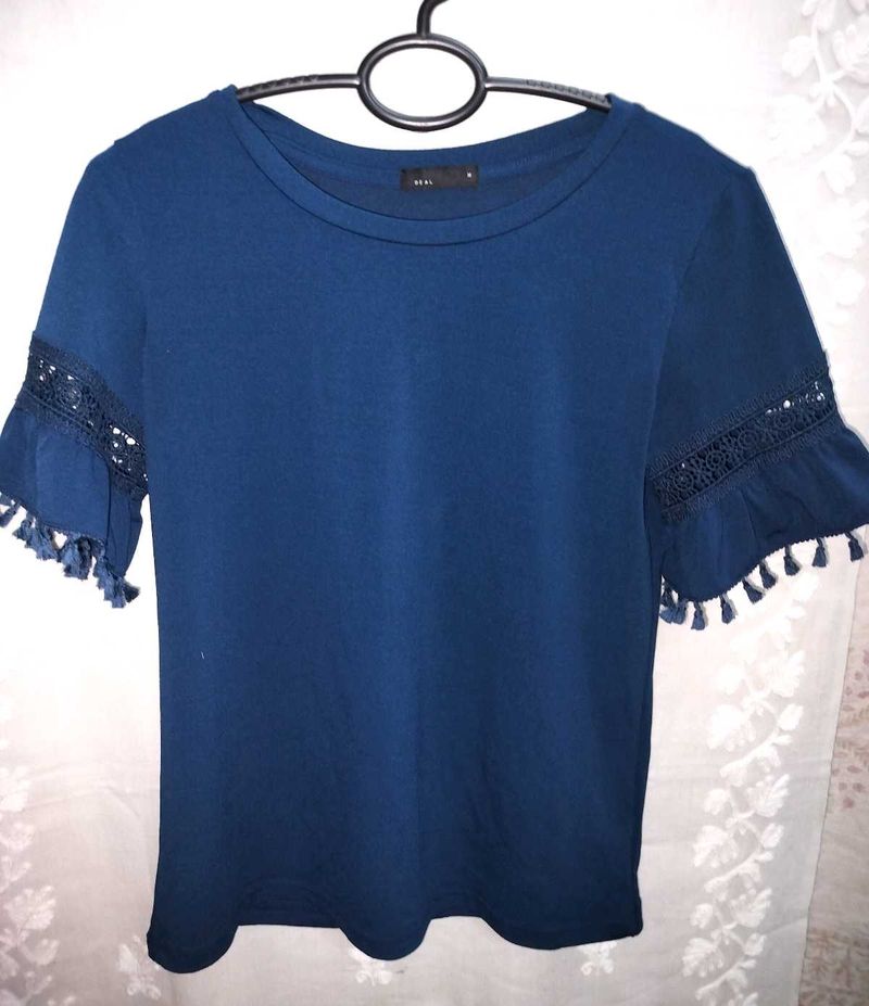 Navy Blue Top With Lace&amp;Taccel Trim Sleeve