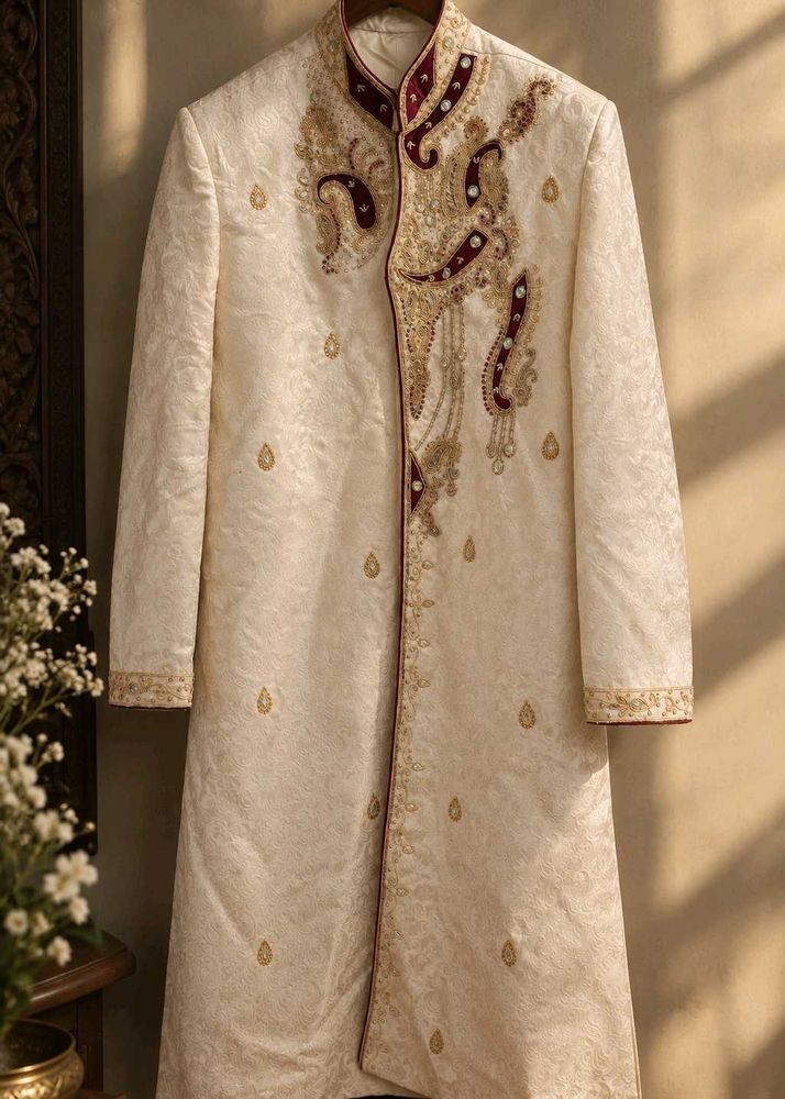 Men's Cream maroon Embroidered ethnic Sherwani