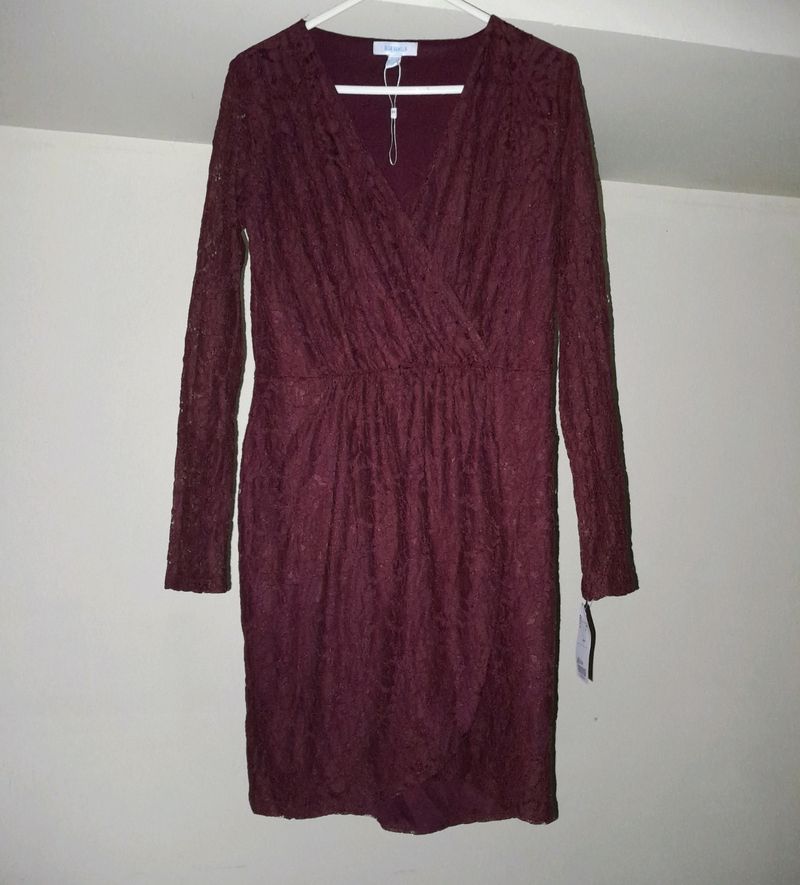 Wine Color Long Sleeves Short Dress For Women