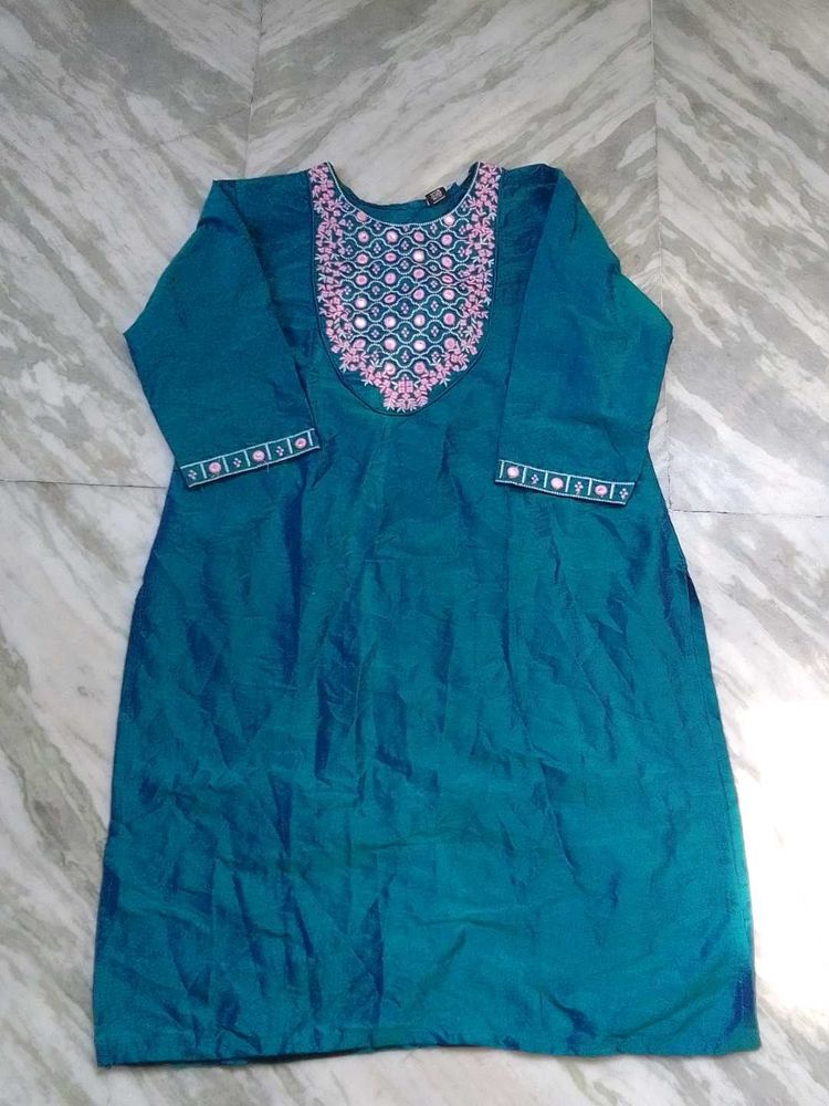 Beautiful Teal Kurta with Pink Embroidery