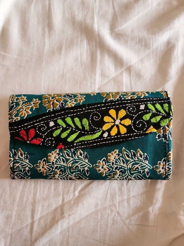 Embroidered Teal Green Saree Wallet Clutch