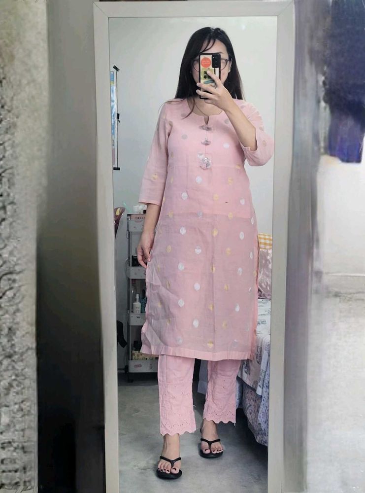 Pink Kurta Set with Polka Dots