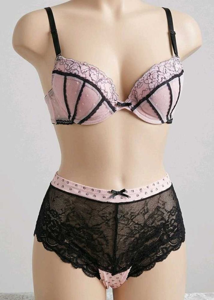 Lace Trim Pink Bra and Black Panty Set