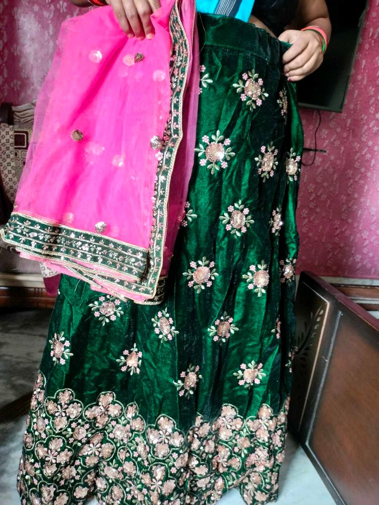 Emerald Green Velvet Lehenga Choli