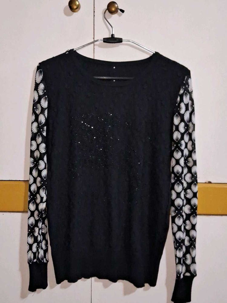 Black Sweater Top With Net Sleeves