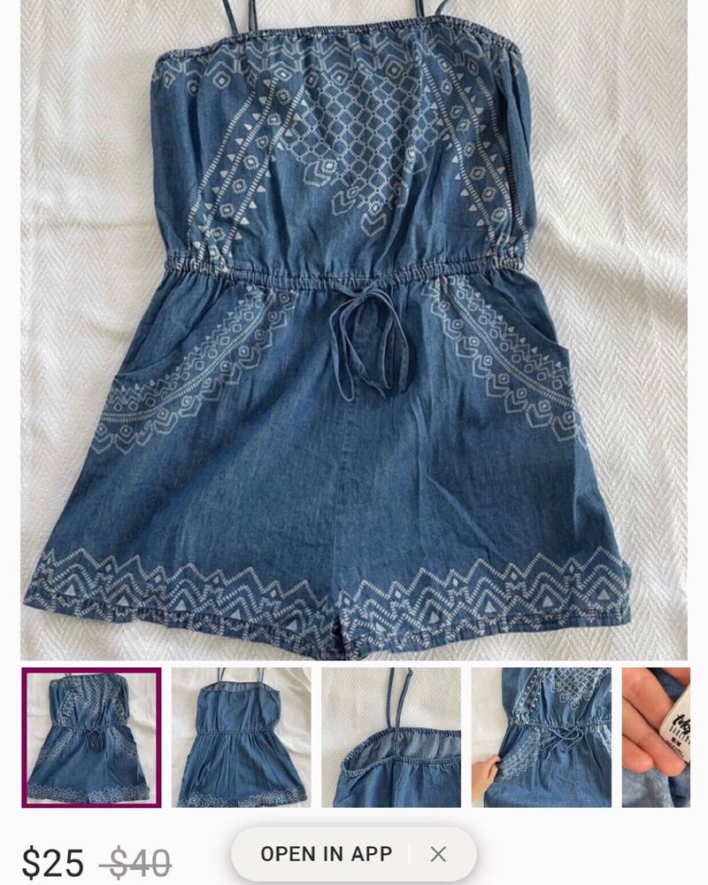 Denim Embroidered Strapless Romper