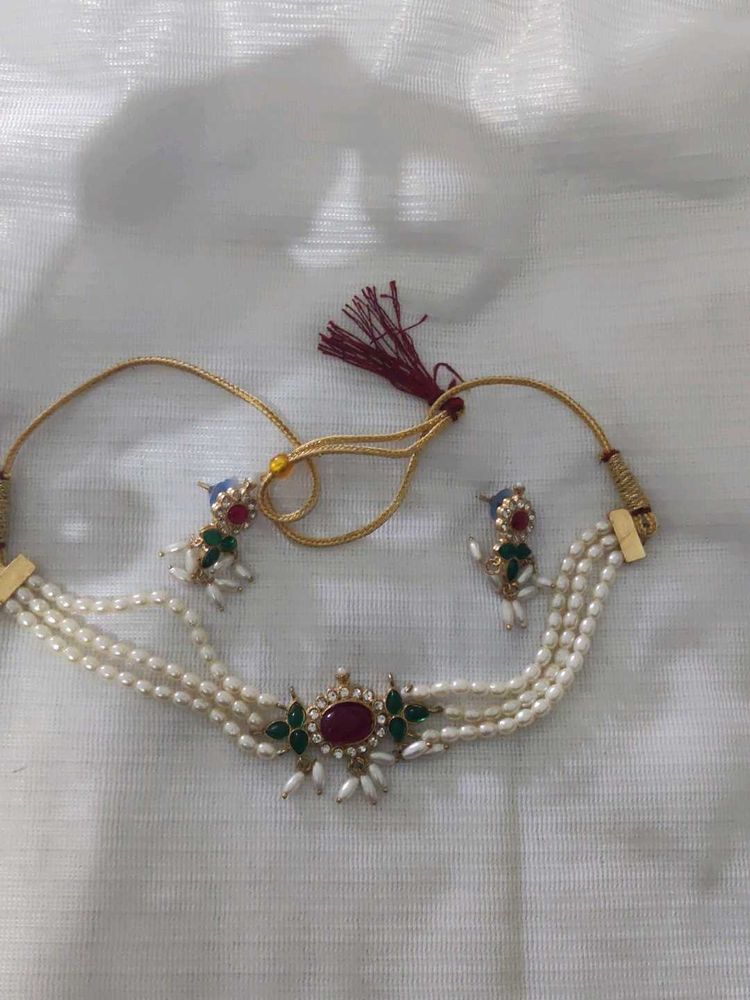 Elegant Pearl &amp; Ruby Necklace Set