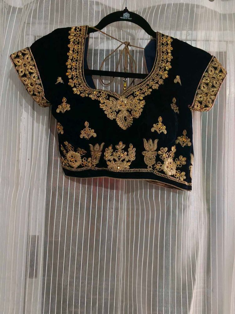 Dark Blue Embroidered Velvet Lehenga Set