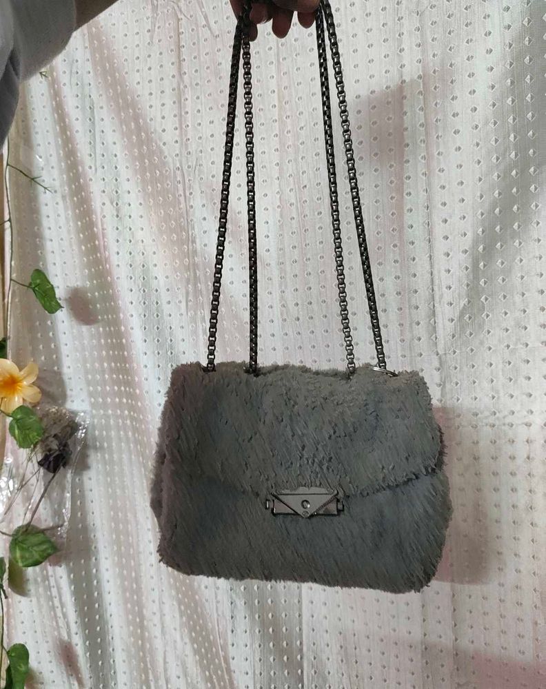 Fuzzy Grey Chain Bag