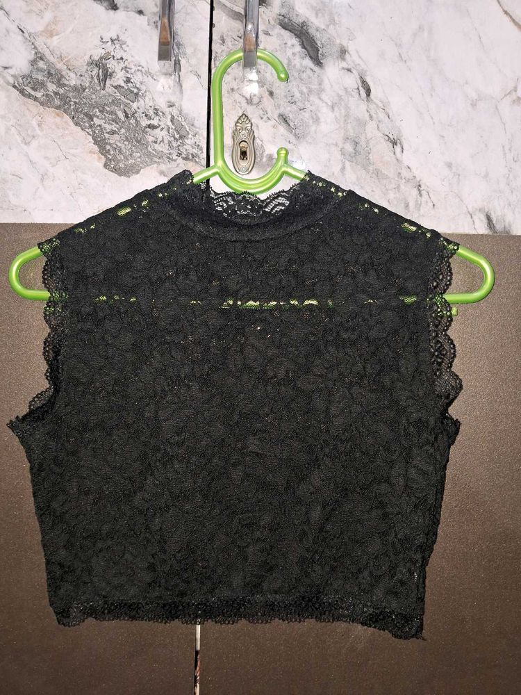 Black Lace Mock Neck Crop Top