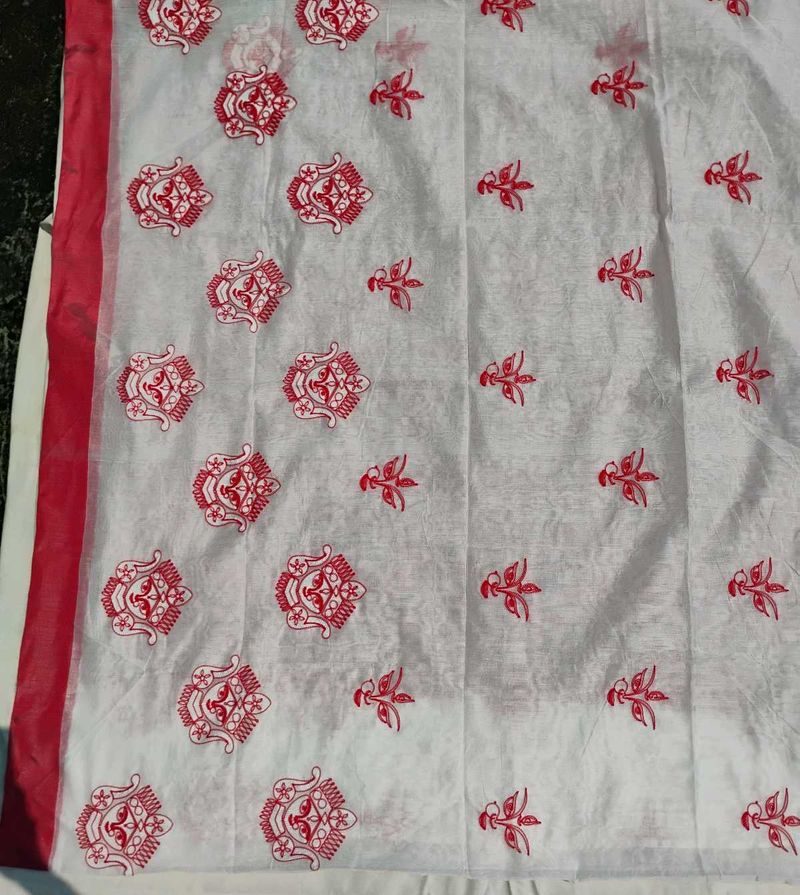White Saree with Red Embroidery DURGA FACE