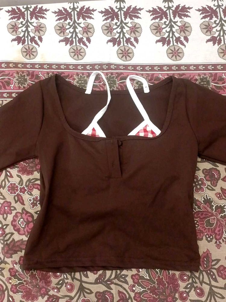 Brown Cropped Top with Bikini Style Inner