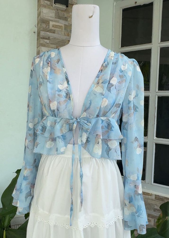 Blue Floral Tie-Front Blouse with white skirt