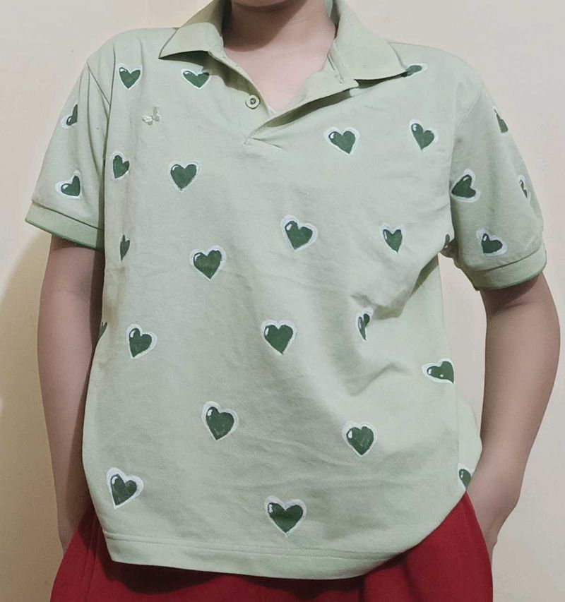 Cute Heart Print Polo Shirt size L