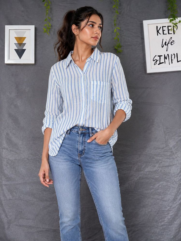 H&amp;M linen Blue Striped Button-Up Shirt